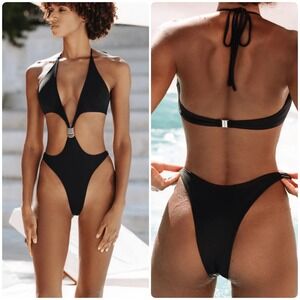 ALT. Swim Womens Zelda Black Gold Ring Cutout Monokini One Piece Swimsuit Size M
